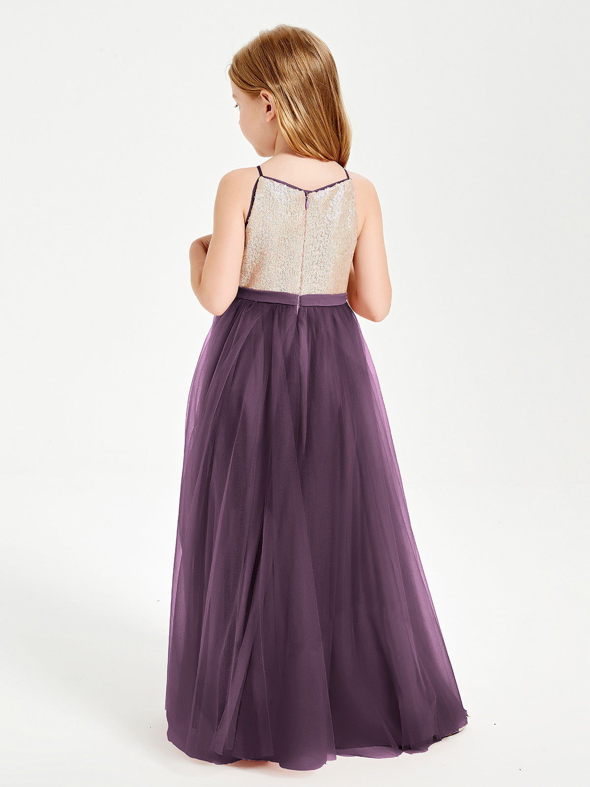 Sequined Top Long Tulle Junior Bridesmaid Gown Plum